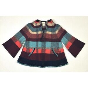 HWR Monogram Cardigan Women's XS Plaid Full Zip Wool Blend Sweater Red Blue